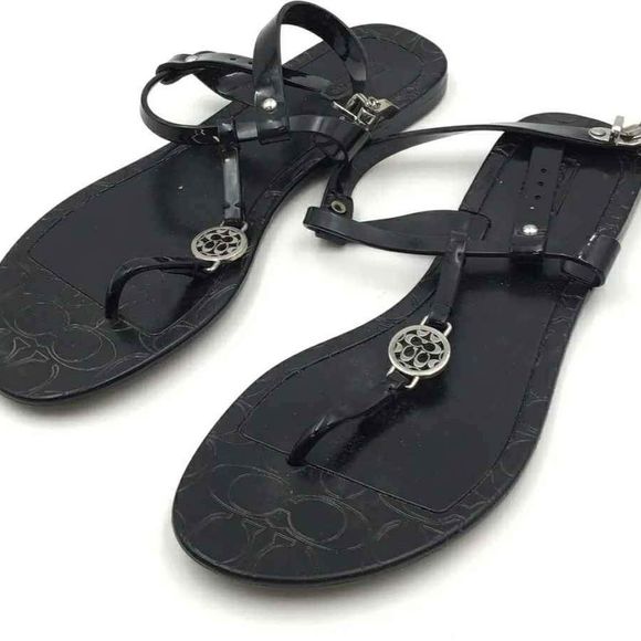 Coach Designer Monogram Pansy Black Adjustable Strap Thong Sandals - Size 9B - Picture 1 of 6
